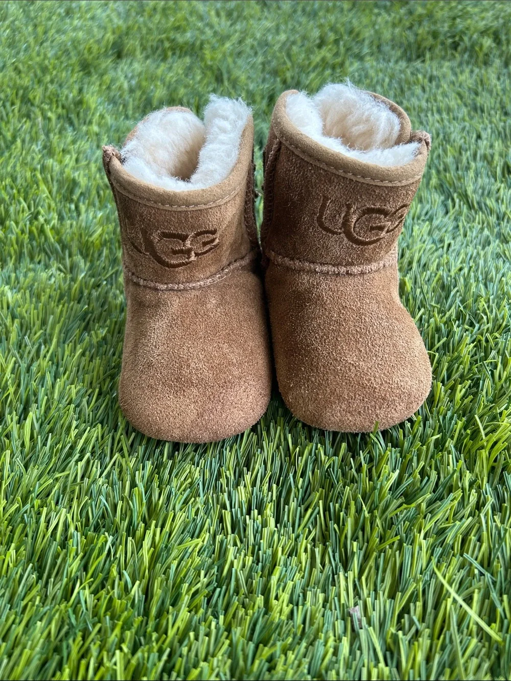 UGG Baby Suede Booties in Chestnut with Shearling Trim